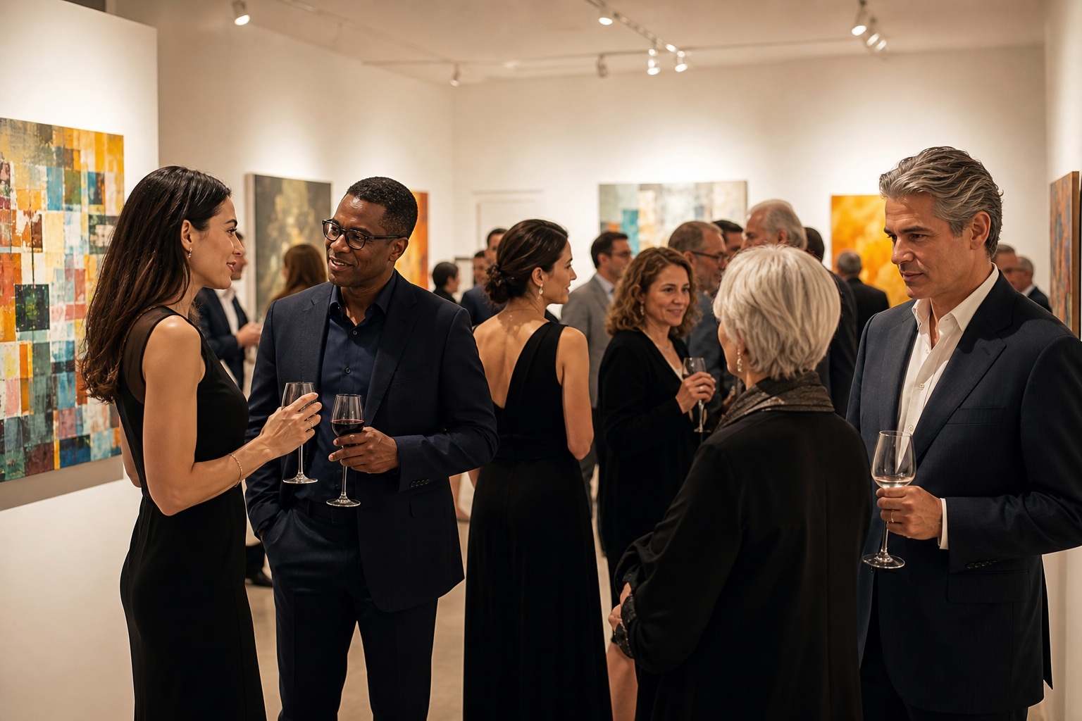 A group of well-dressed people talking at an art gallery opening with drinks in hand.