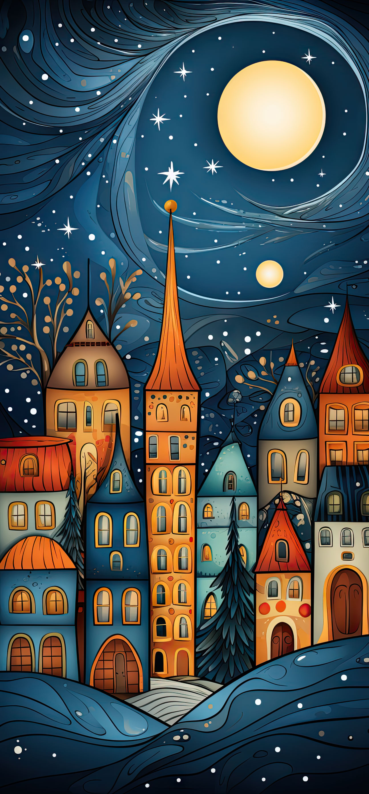 Preview for Whimsical-nighttime-village-scene-christmas-phone-background-8e2b1