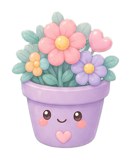 A smiling pastel flower pot filled with pink, blue, and purple flowers.