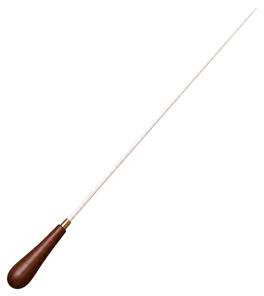 A long conductor baton with a dark handle and thin white shaft on a black background.