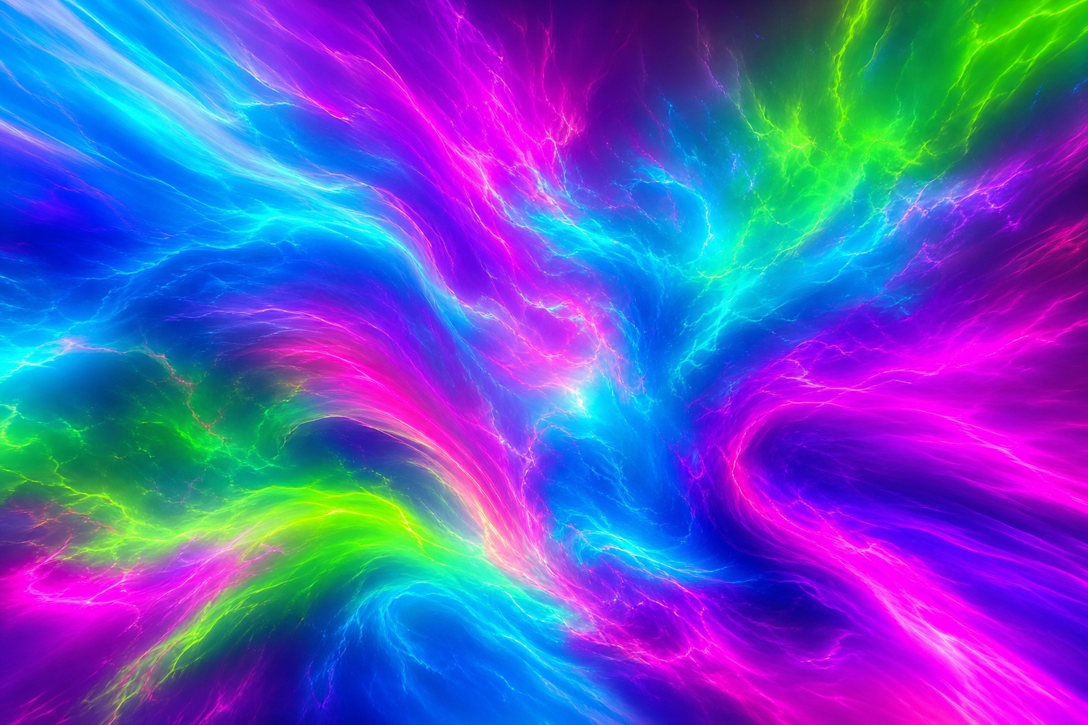 Abstract neon spectrum swirl with pink, blue, green, and yellow glowing light trails