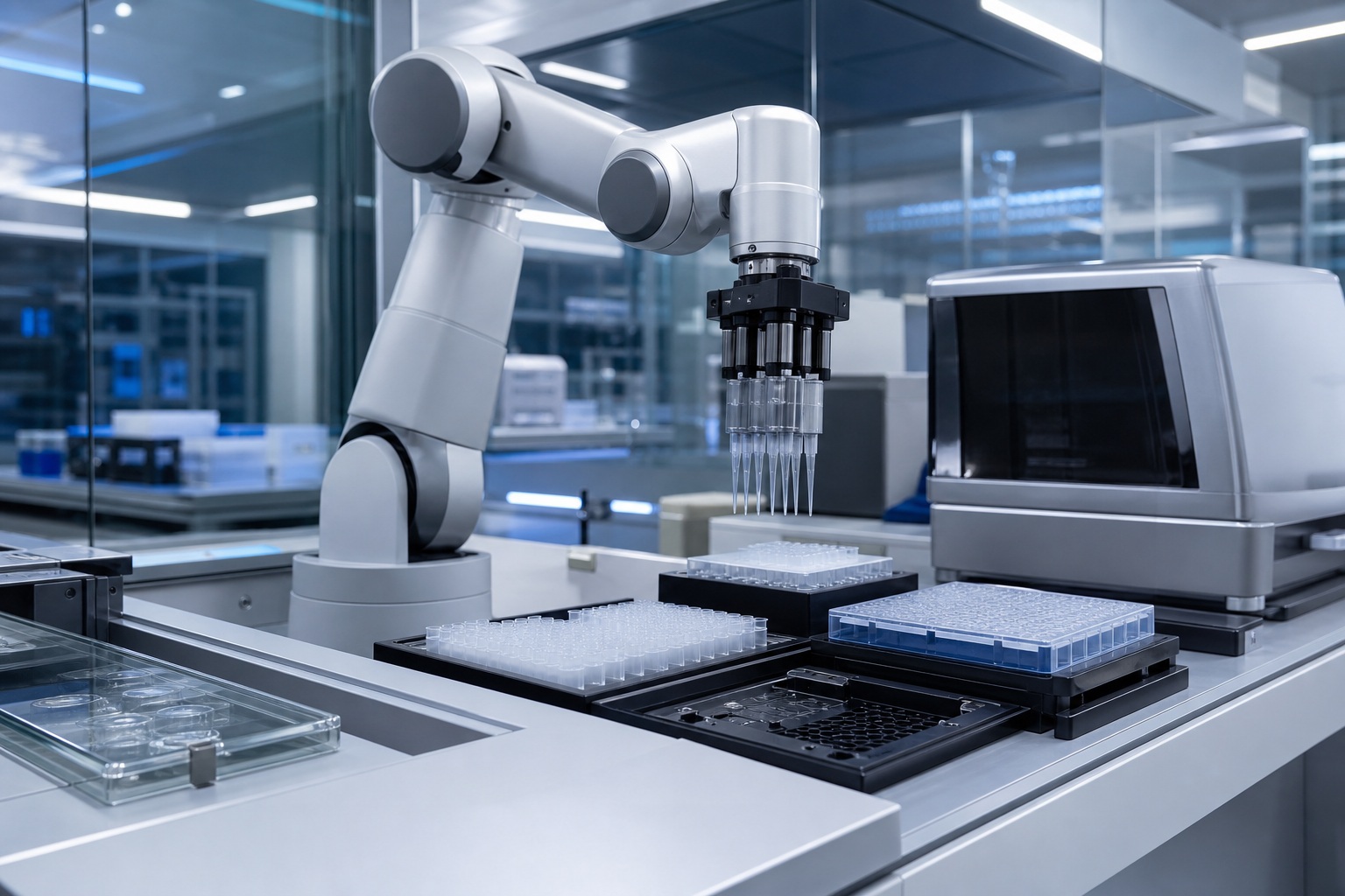 Robotic arm in a modern laboratory beside a microscope and computer workstation.