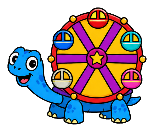 Blue cartoon turtle carrying a colorful carnival wheel with star center