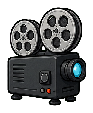 Black vintage movie projector with two film reels and a glowing lens