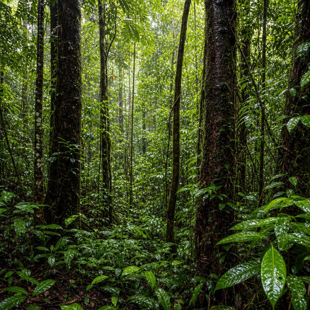 Dense rainforest canopy with tall rain-darkened trunks and lush green undergrowth.