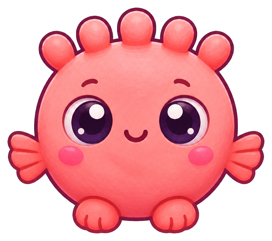 Cute pink round monster with big eyes and coral-like crown bumps.