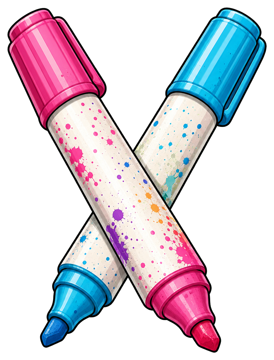 Two crossed paint markers, one pink and one blue, with speckled paint details.