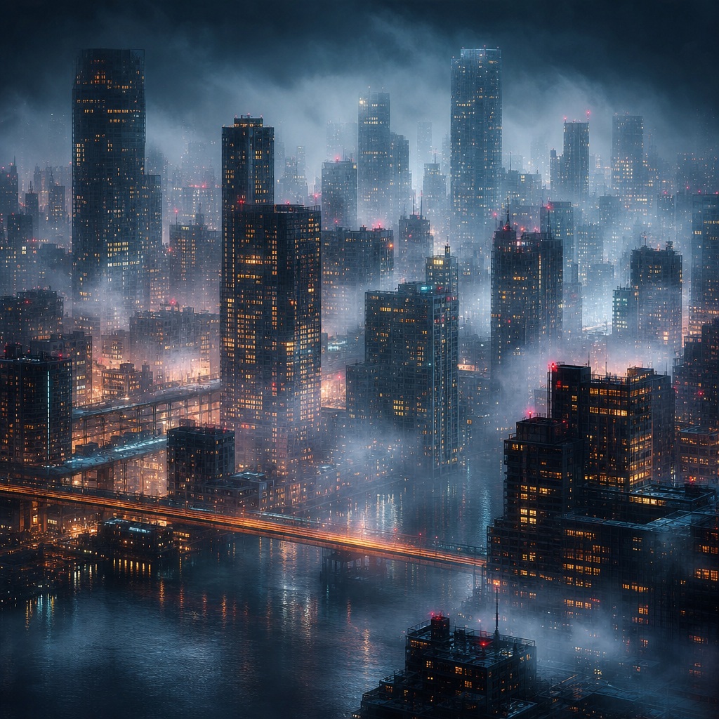 Misty night city skyline with glowing towers, bridge lights, and reflections on dark water.