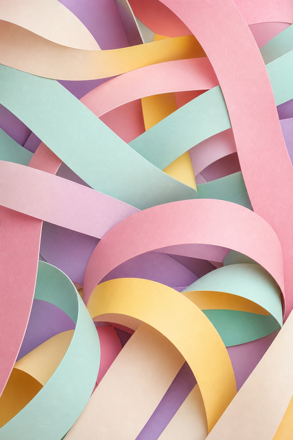 Layered pastel paper ribbons sweeping diagonally across a colorful abstract background