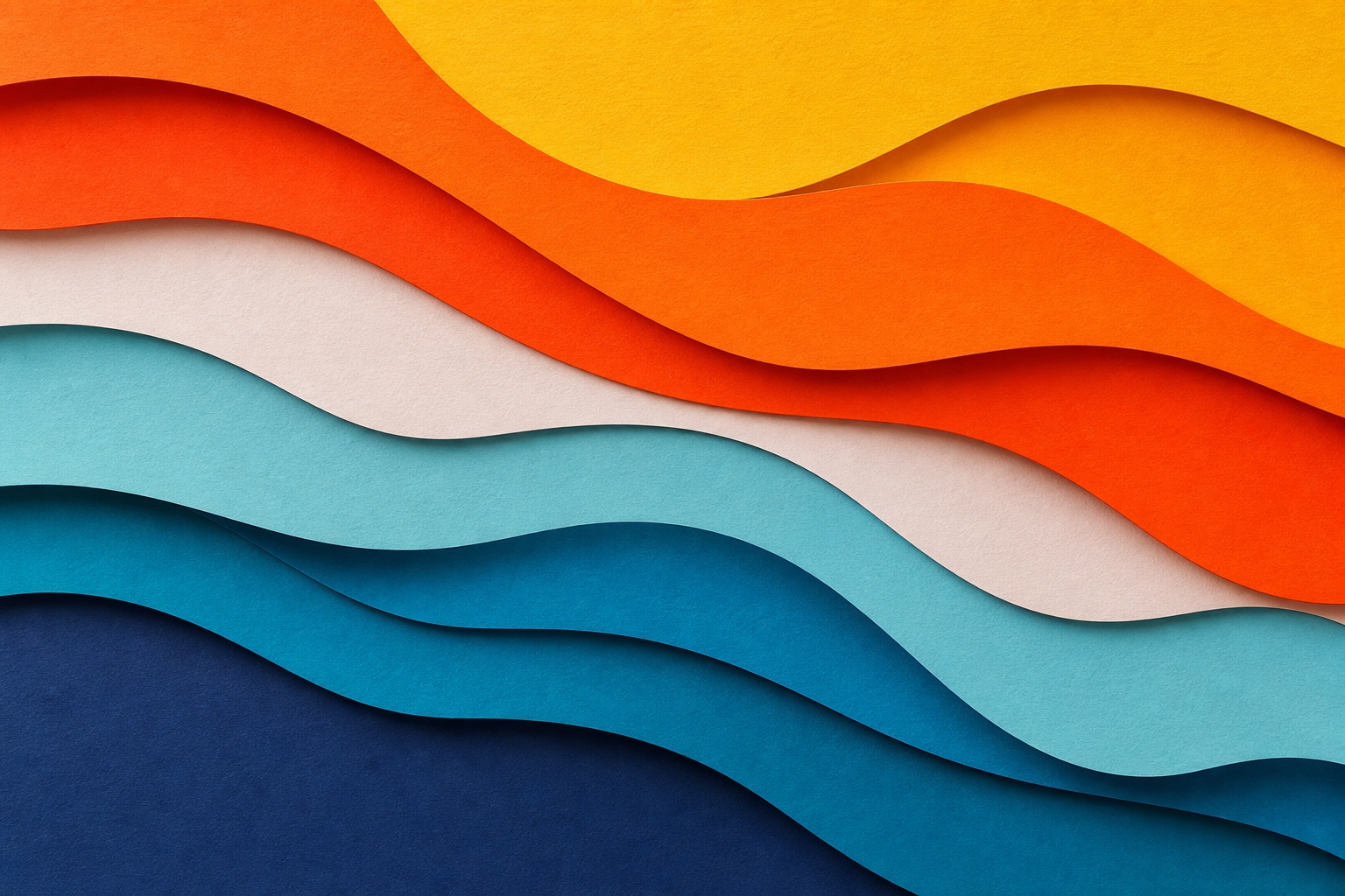 Colorful layered paper waves in orange, blue, and navy with a geometric cutout look