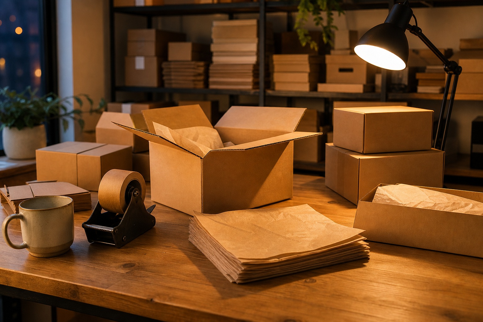Cardboard boxes and packing supplies on a wooden table under warm desk lamp light.