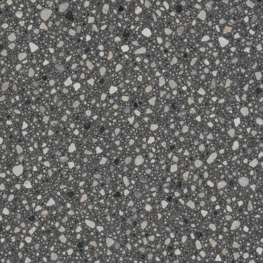 Dark neutral terrazzo surface with scattered light stone chips and speckles