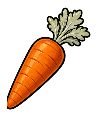 Orange carrot with green leaves, shown as a sticker graphic on a transparent background.