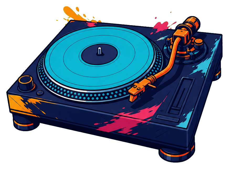 Colorful colorblock DJ turntable illustration with blue platter and orange accents.