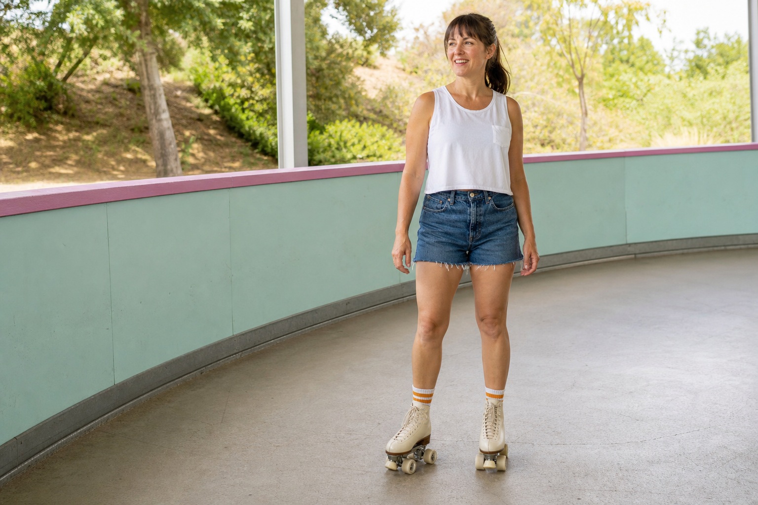 Person standing in quad skates at the edge of a roller rink.