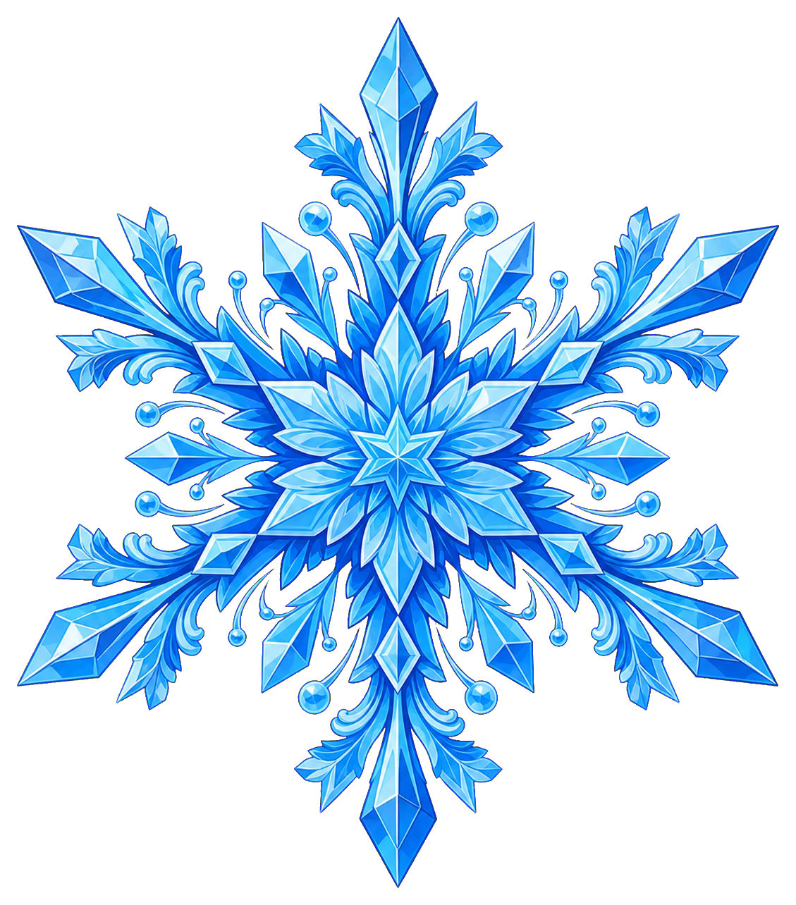 Blue crystal snowflake with sharp symmetrical icy points