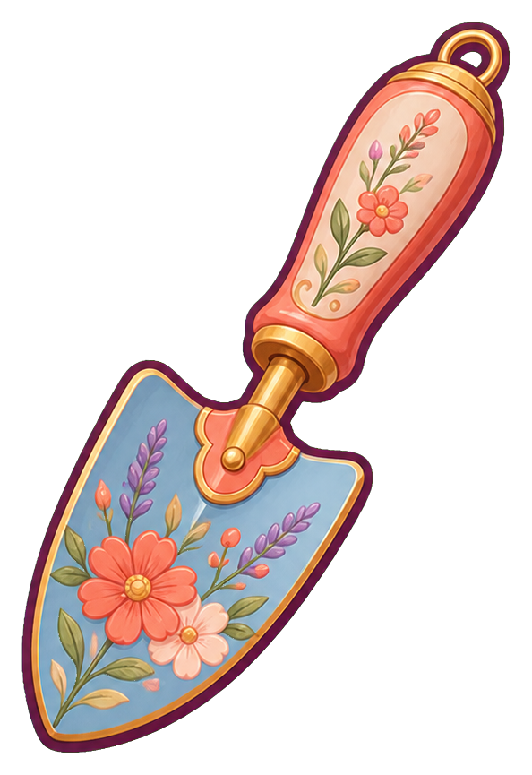 Decorative garden trowel with a floral handle and flower pattern on the blade