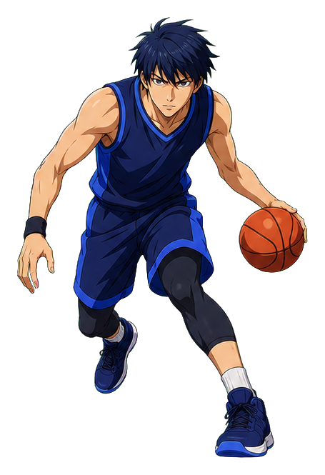 Anime-style basketball player dribbling forward in a blue uniform