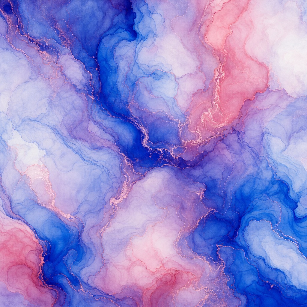 Rose and cobalt fluid ink swirls forming a marbled abstract background