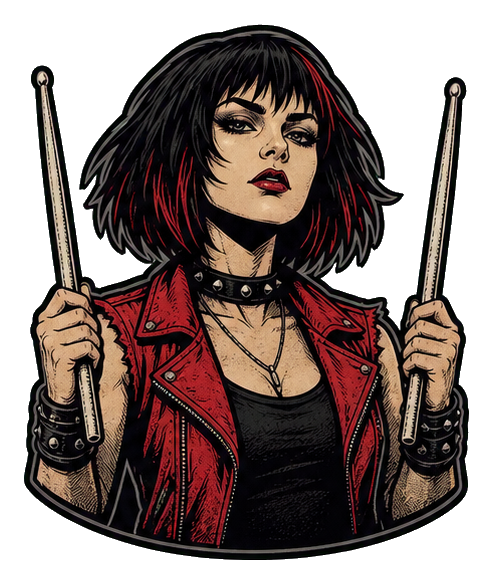 Illustrated drummer woman in a crimson vest holding drumsticks
