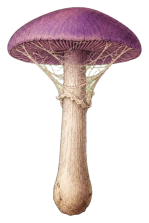 Purple violet webcap mushroom with a pale stem on a transparent background