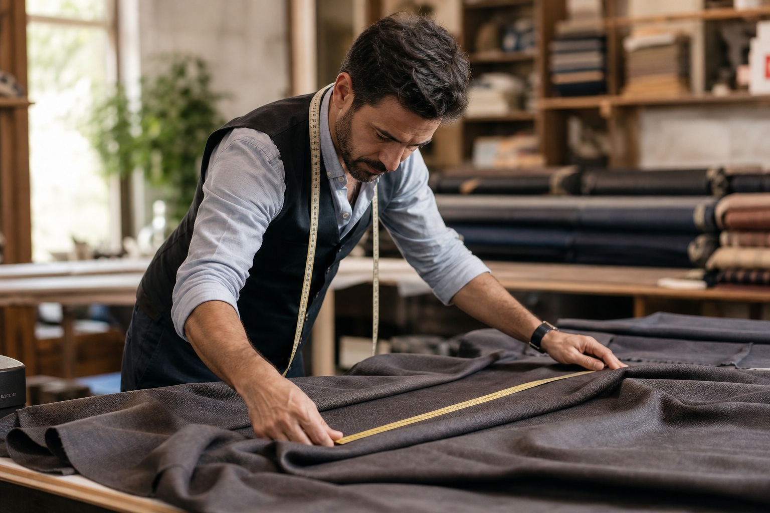Tailor measuring fabric on a worktable in a workshop