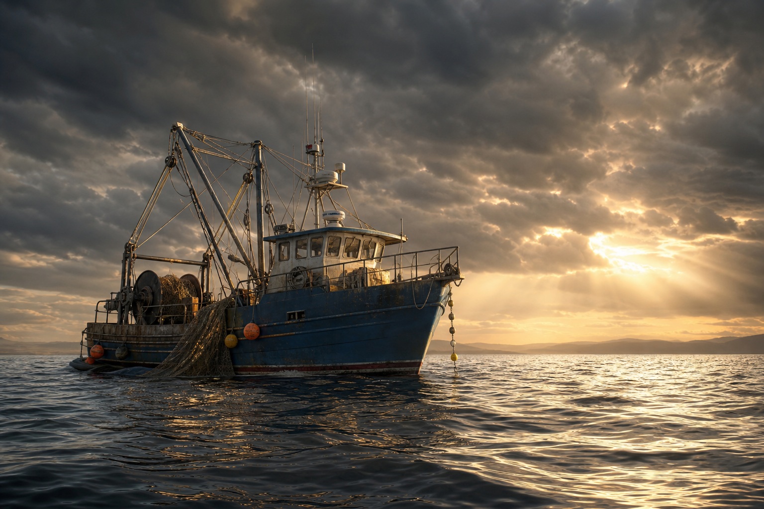 Fishing vessel sailing on rough water beneath dramatic storm-lit clouds at sunset.