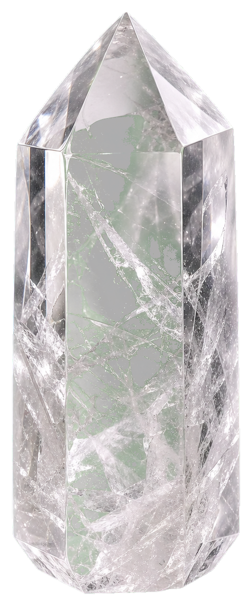 A clear faceted quartz crystal point with a pointed top and pale transparent interior