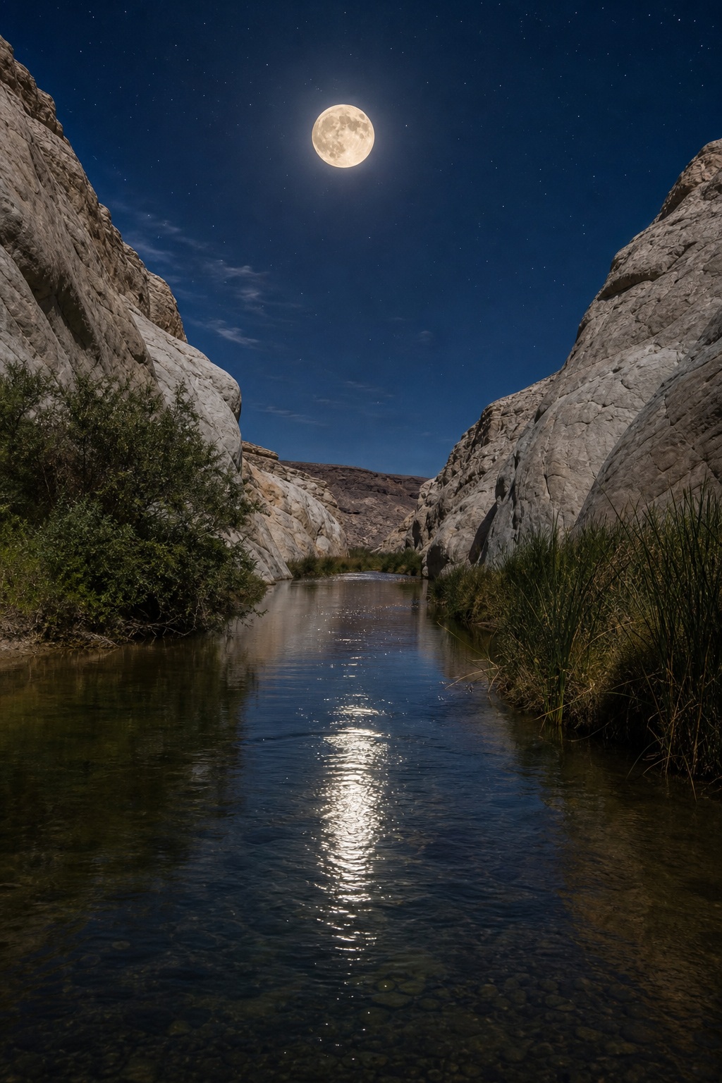Moon shining over a desert river between rocky canyon walls at night