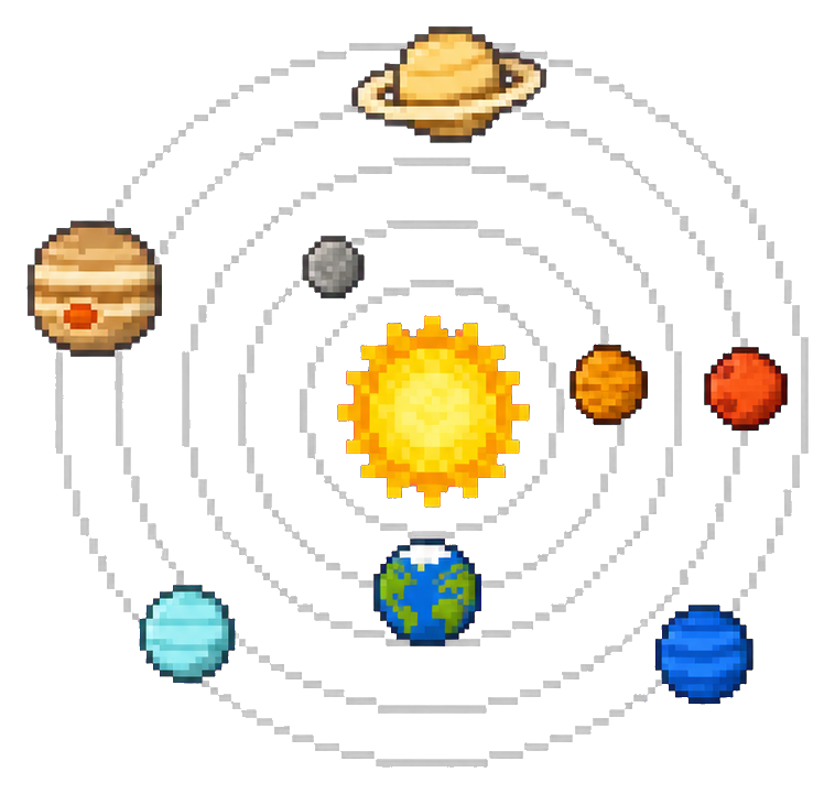 Pixel-style solar system with the sun, orbit rings, and colorful planets