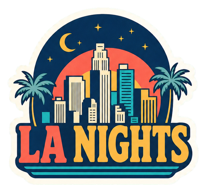 Retro Los Angeles skyline with palm trees, moon, stars, and bold LA Nights text.