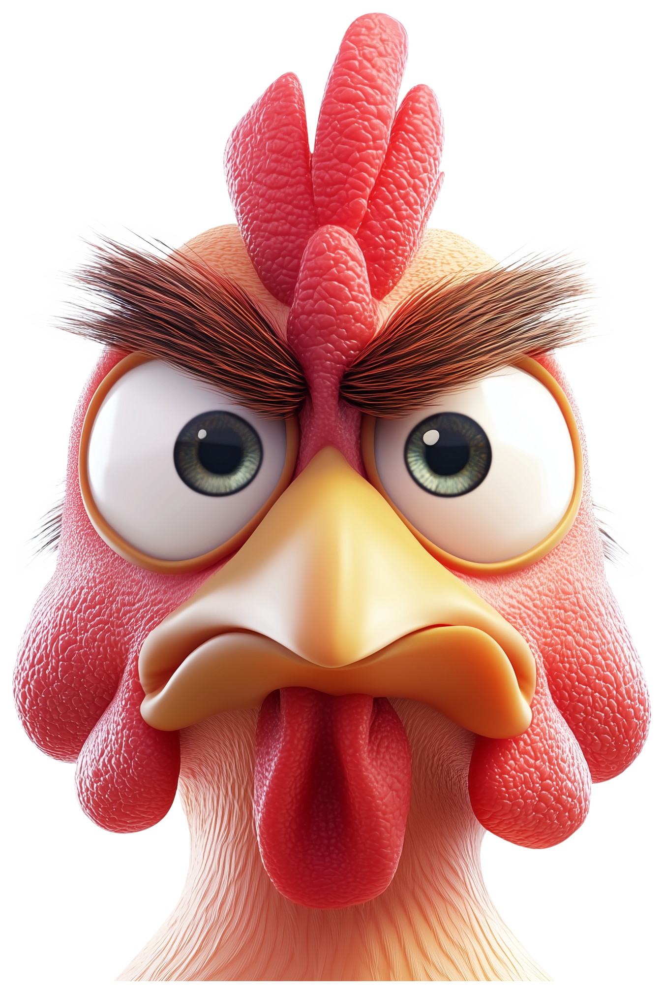 Cute cartoon chicken face with large eyes and red comb