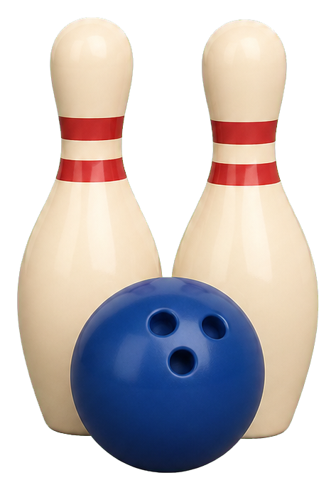Two bowling pins behind a blue bowling ball on a transparent background.