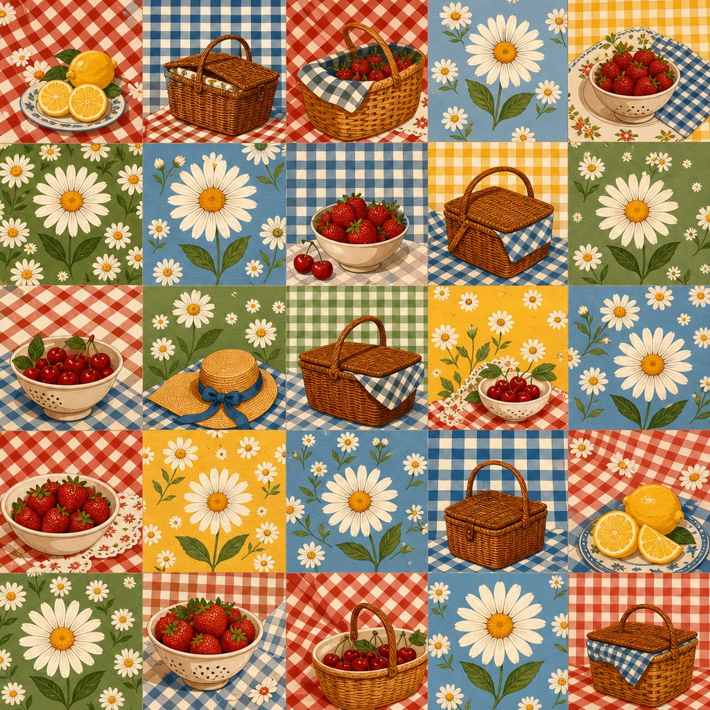 Retro picnic pattern with fruit bowls, picnic baskets, daisies, and gingham squares