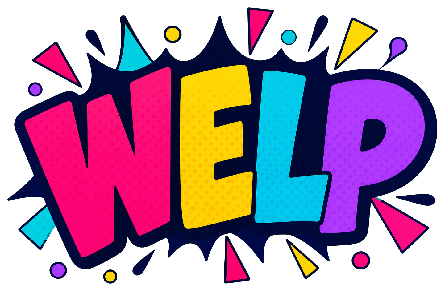 Colorful WELP text with confetti-style accents on a black background