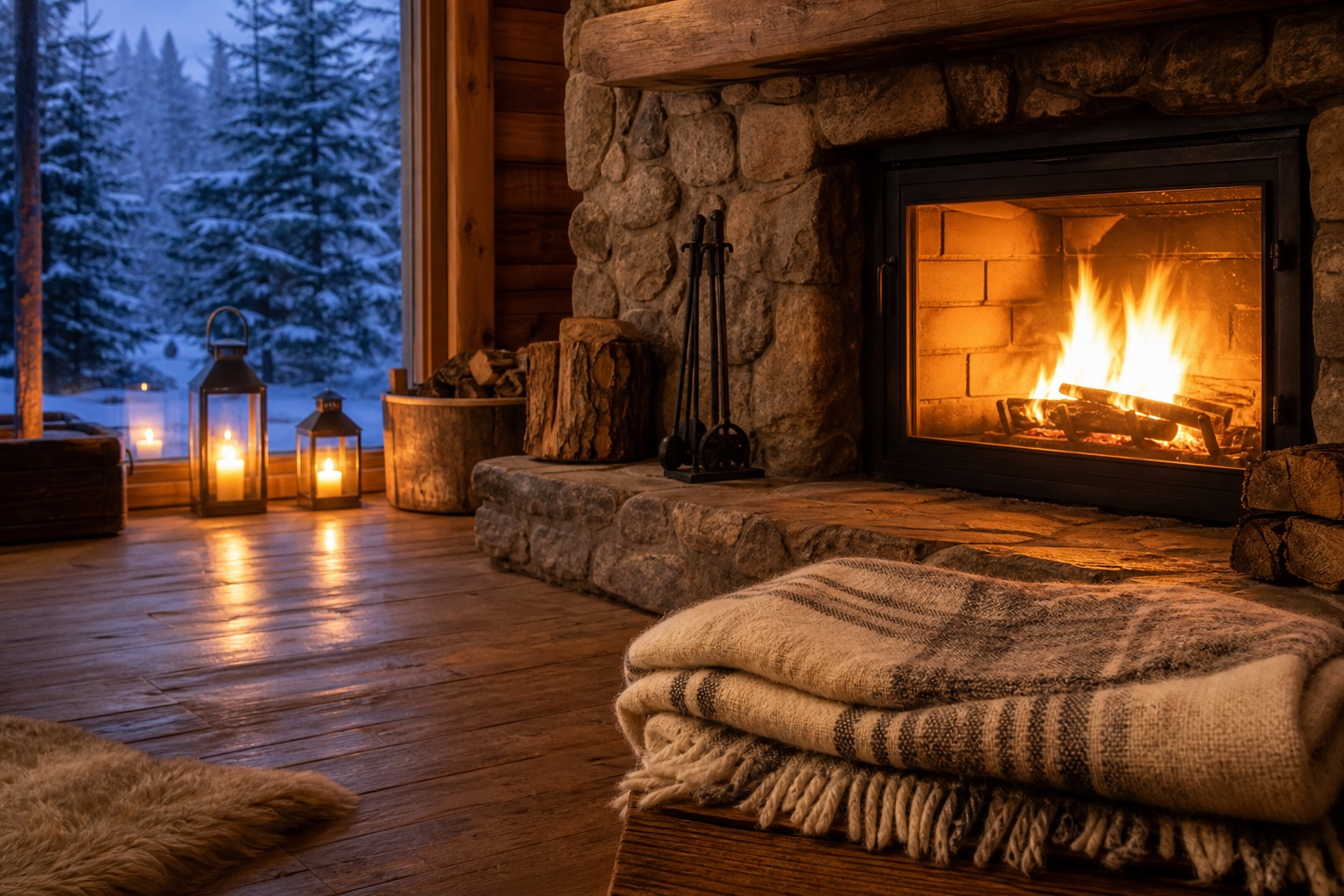 Warm cabin interior with glowing fireplace, folded wool blanket, and lanterns by a snowy window