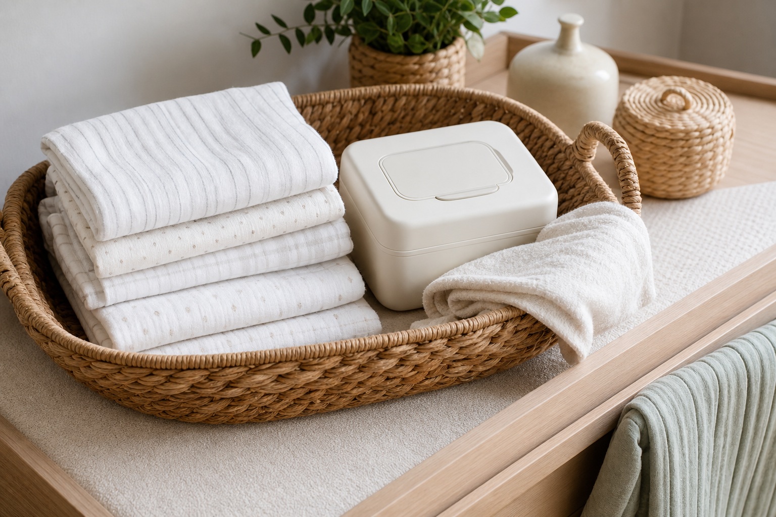 Woven basket holding folded baby cloths and a wipes case on a dresser