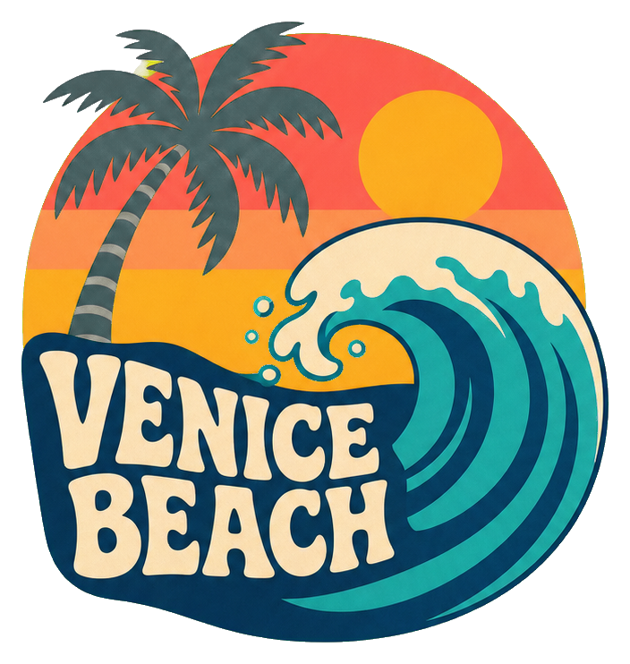Retro Venice Beach sticker with palm trees, sun, and curling wave.