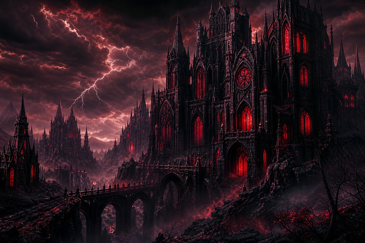 Dark gothic castle glowing red under a stormy crimson sky.