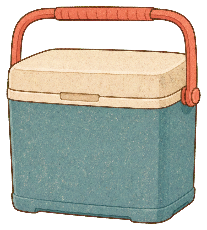 Dusty blue cooler with a coral handle and beige lid