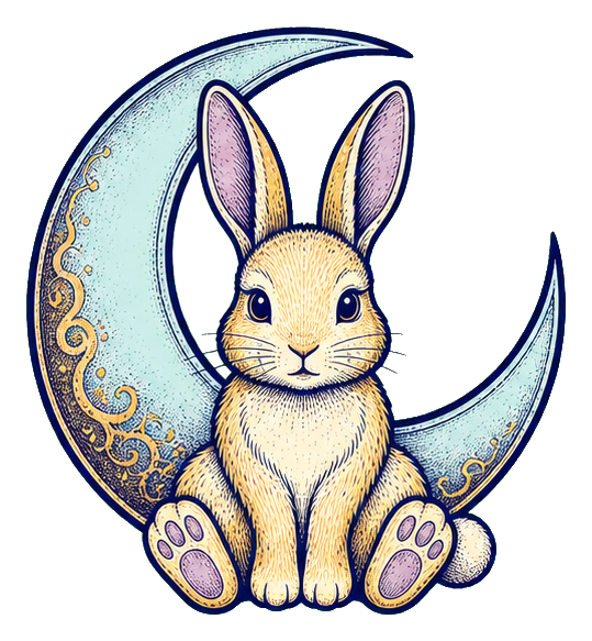 Cute rabbit sitting inside a decorated crescent moon with soft pastel colors.