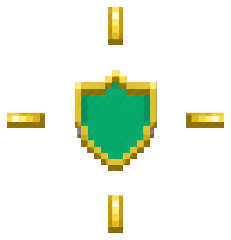 Pixel art gold shield with small glowing pulse bars around it