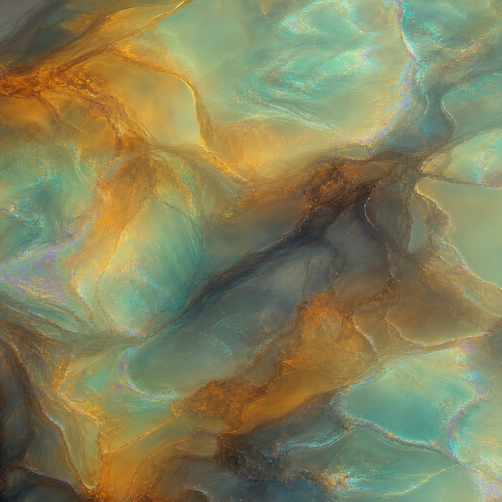 Abstract amber and teal holographic texture with translucent resin-like folds