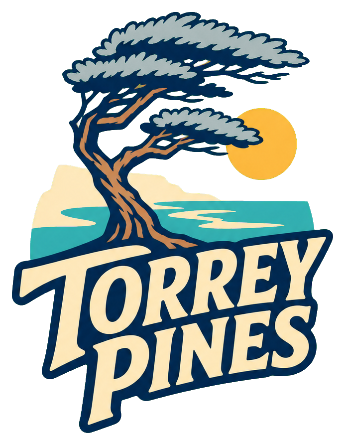 Retro Torrey Pines tree illustration with sun and bold Torrey Pines text