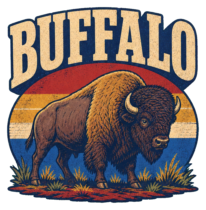 Vintage Buffalo word art sticker with a bison standing in a striped sunset scene.