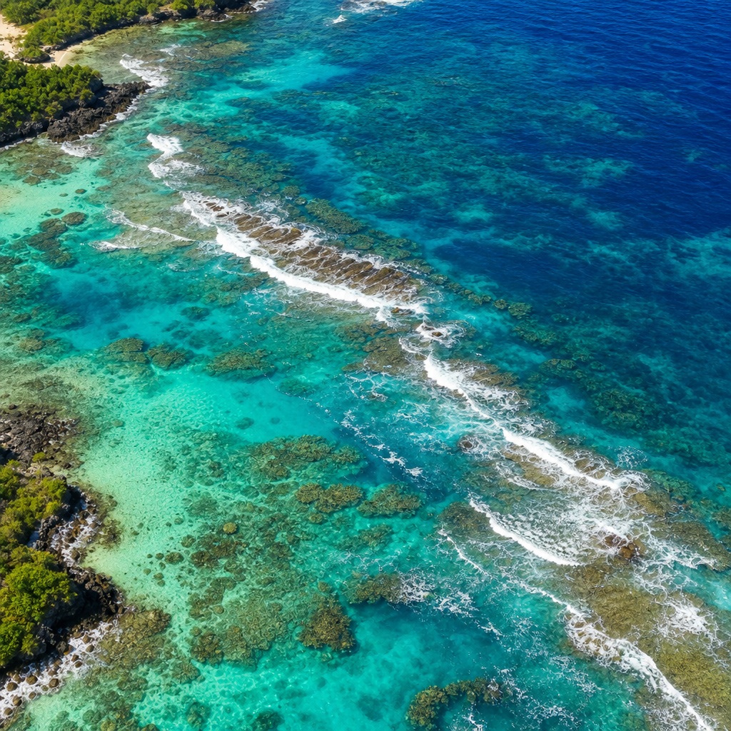 Aerial view of turquoise tropical water beside a rocky coastline and shoreline surf.