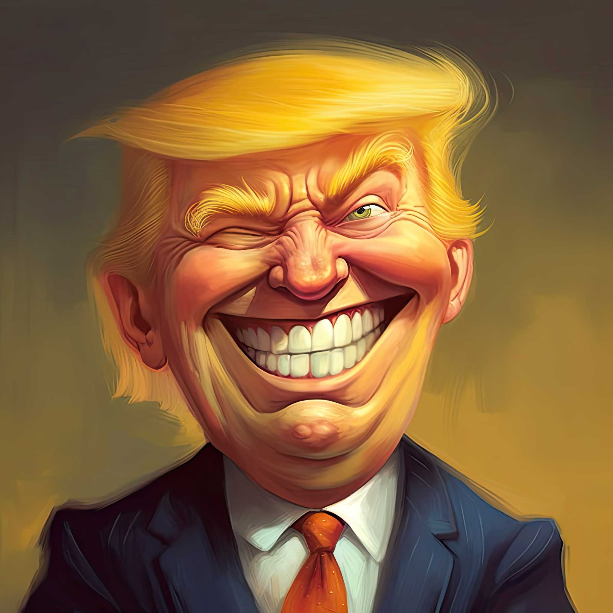 Caricature portrait of Donald Trump smiling in a suit and tie.