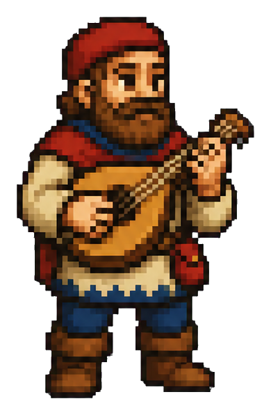 Pixel art bard in a red hood playing a lute and standing in boots