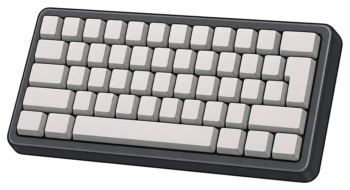 Blank computer keyboard with light keys and dark frame on a transparent background.