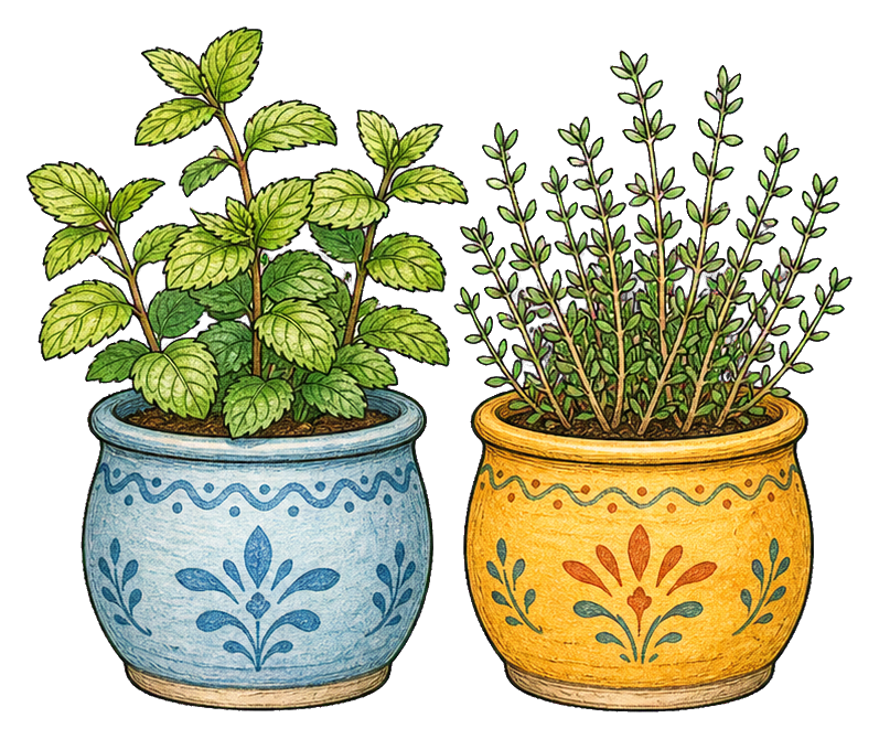Two decorative potted herb plants in blue and yellow ceramic pots